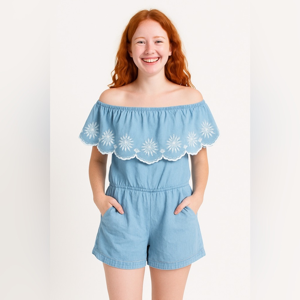 Japna Embroidered Chambray Off-Shoulder Romper Size L. ARD